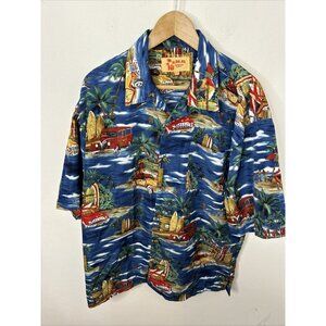 Aloha Joe Men XL Hawaiian Shirt Surfers Waves Palm Trees Cars Vintage 90s